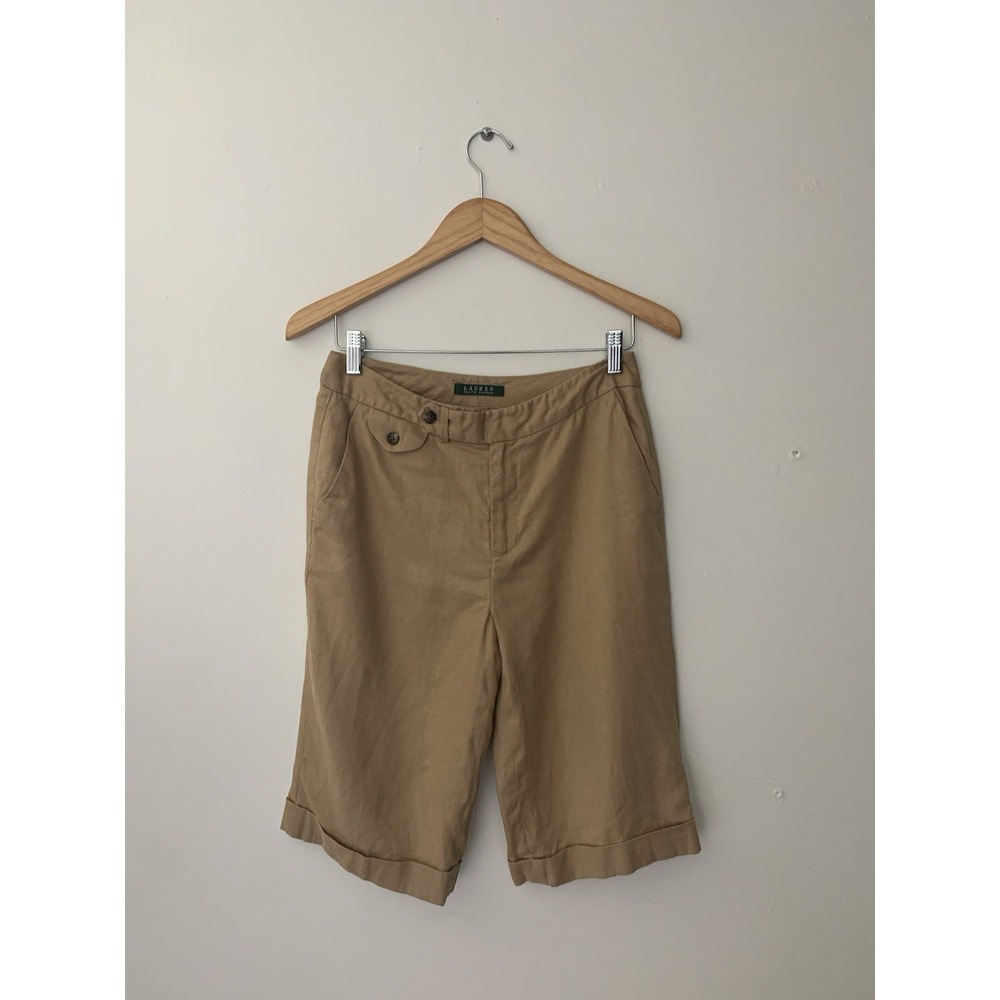 Lauren Ralph Lauren Bermuda Shorts Women Sz 4 100% Linen Camel Folded Hem Safari